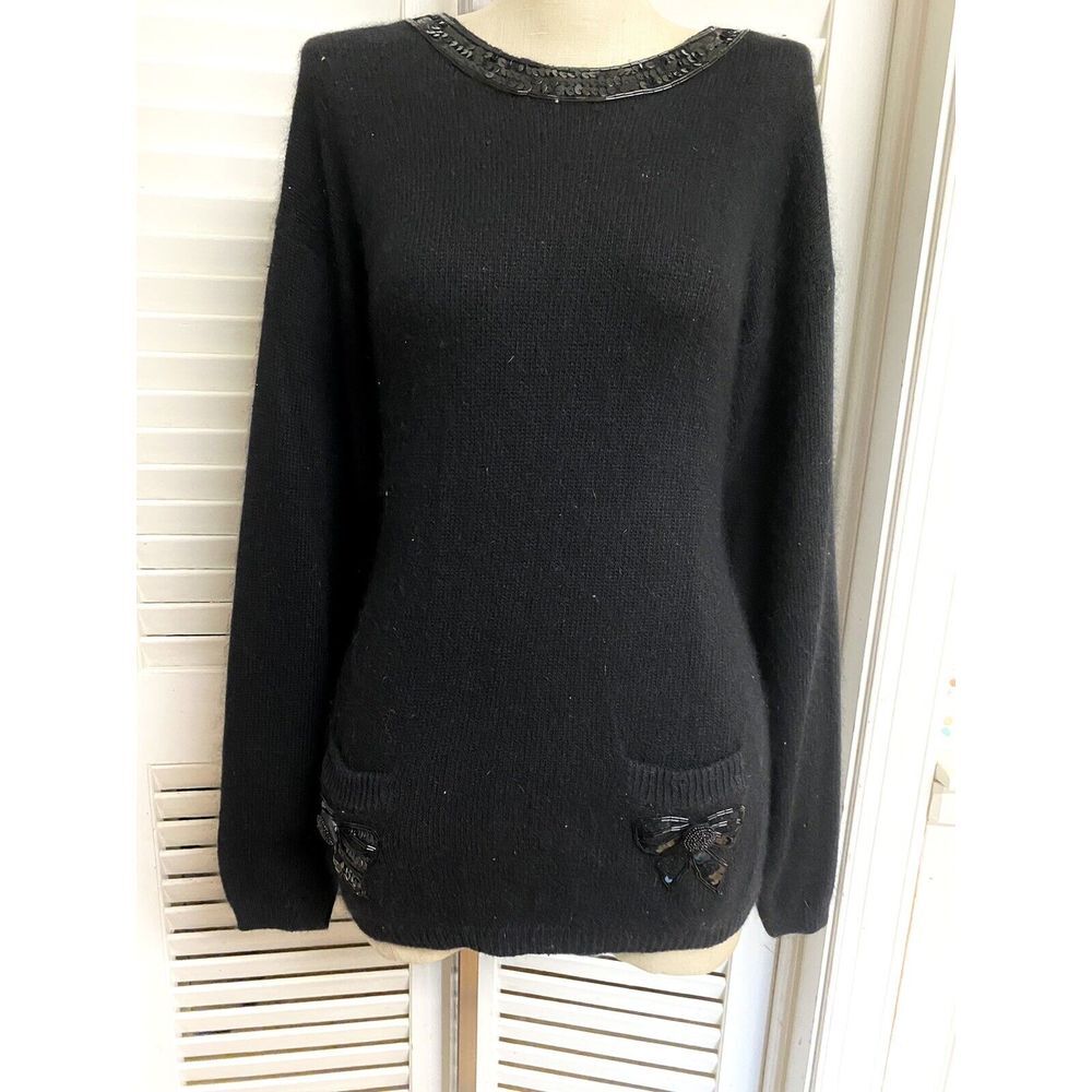 Vintage SPOLETO BLACK SEQUINS BOW Back Pockets Tunic Sweater Medium Angora EUC‎